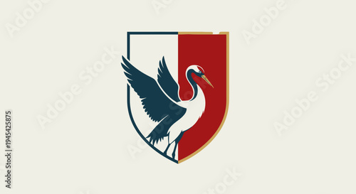 Heraldic crane bird emblem on a shield with red and white split background. Elegant animal crest design vector illustration.