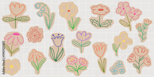 Crayon colorful flower scrapbook and collage stickers. Chalk chamomile torn papers pieces with crayon outline texture. Hand drawn paper folk flora. Vector craft tear wildflowers scribbles set