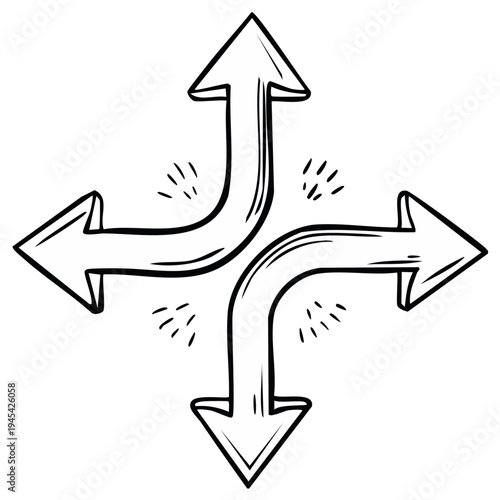 Hand drawn directional arrows pointing in four opposite directions with curved paths indicating choice