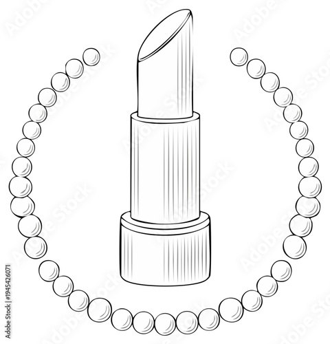 Classic lipstick tube illustration with elegant string of pearls representing beauty cosmetics and feminine glamour fashion