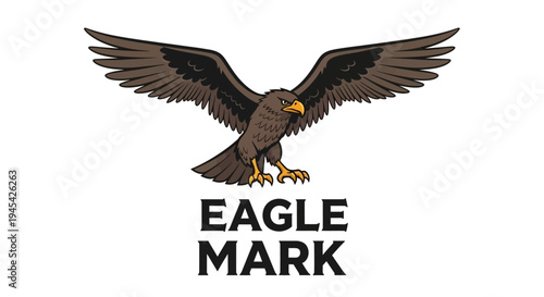 Powerful flying eagle vector illustration. Majestic brown bird of prey with outstretched wings, wildlife graphic design element.