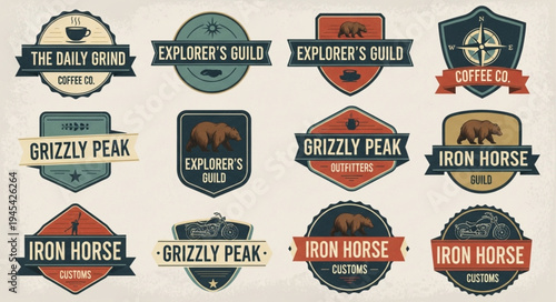 Collection of Vintage Style Badges and Emblems with Text and Icons.