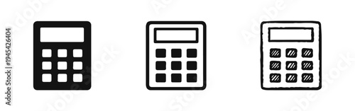 Calculator icon set. Finance, accounting, mathematics, and business calculation symbols in solid, line, and doodle styles.