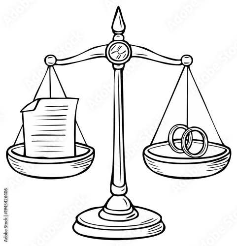 Scales of Justice with Legal Documents and Wedding Rings Illustration