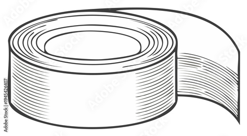 Monochrome engraving style illustration of a generic roll of tape partially unwound graphic element