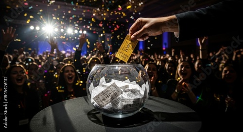 Excitement and Anticipation: Hand of a Participant Dropping a Ticket into a Bowl Surrounded by Cheerful Crowd at a Festive Event Filled with Colorful Confetti