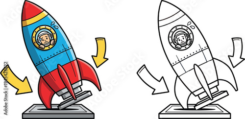 Anxious Astronaut in Rocket with Down Arrows Coloring Page