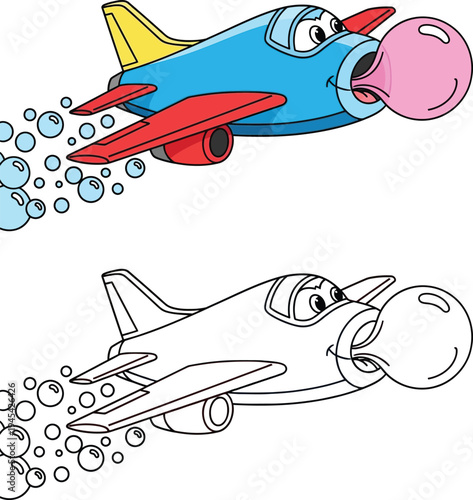 Cartoon Airplane Blowing Bubble Gum Set Including Colored Illustration and Black and White Line Art Coloring Page for Kids Education and Fun Activities