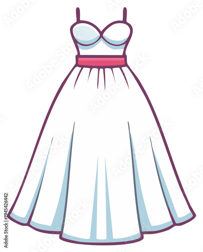 Elegant white wedding gown illustration with a pink belt
