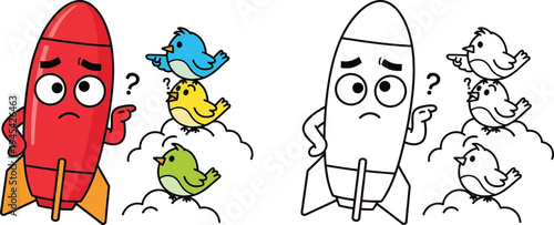 Cartoon Confused Rocket and Birds Set with Colored Illustration and Black and White Line Art Coloring Page for Kids Education and Creative Activities