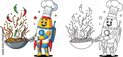 Cartoon Chef Rocket Cooking Spicy Noodles with Chilies Fun Coloring Page