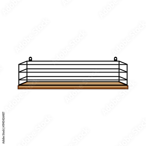 Minimalist illustration depicting a wall mounted floating shelf with a wooden base and black metal wire frame, providing stylish storage and organization for various interior spaces