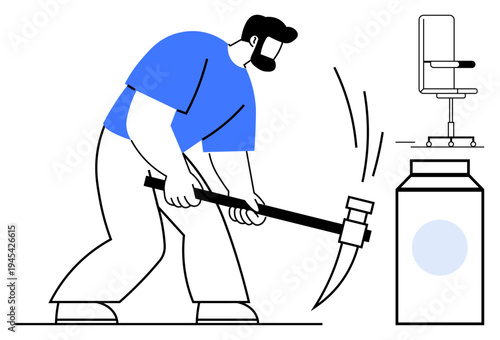 Workplace rebellion, manual labor, protest expression, dissatisfaction, job resignations, corporate issues. Man hammering a container next to an office chair. Workplace rebellion and protest