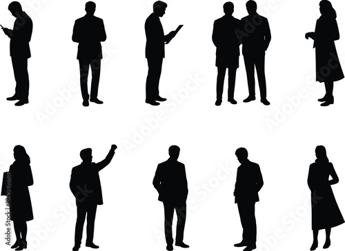 Silhouettes of diverse, professional business people, men and women in various standing and interacting poses,