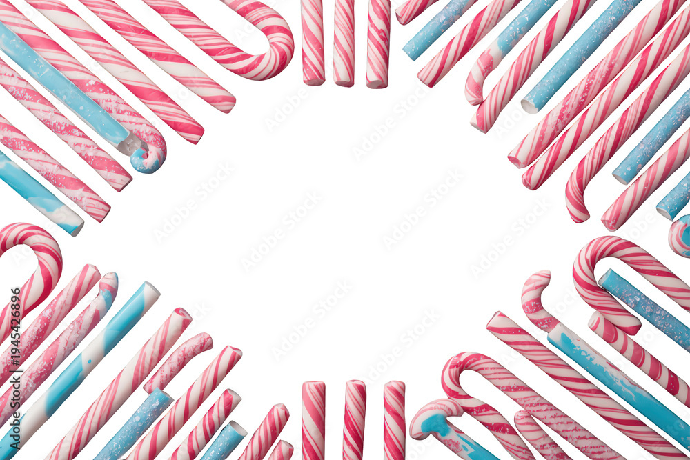 Obraz premium Pink and blue striped candy canes and sticks forming a festive frame, flat lay creating copy space with transparent background
