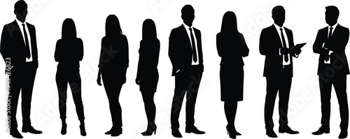 Silhouettes of diverse business professionals standing in a group, representing a mixed corporate team with various poses and formal attire