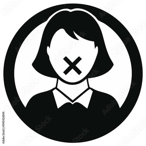Silenced Woman Graphic in Circle - Censorship Symbol, Freedom of Speech Issue, Black and White Icon