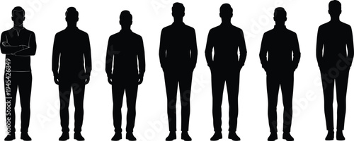 Silhouettes of diverse businessmen standing in professional attire, showcasing a range of poses and body types with confidence and style.