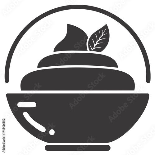 Bowl of creamy dip or dessert glyph icon with a fresh mint leaf garnish