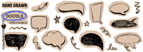 Crayon scrapbook speech bubbles set. Hand drawn craft outline dialogue bubbles with scribbles and pencil texture. Chat speech boxes. Vector torn paper bubble shapes for dialogue, message and text.