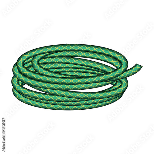 Green garden hose coiled neatly on white background, ready for spring and summer watering, lawn care and household irrigation tasks essential outdoor tool for backyard maintenance
