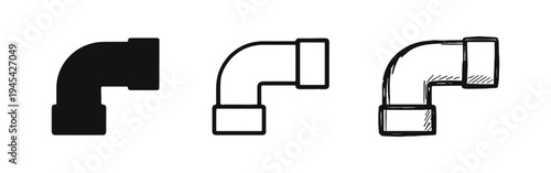 Pipe Elbow Connector Icon Set. Plumbing Fitting Vector Illustration in Solid, Outline, and Hand-Drawn Styles
