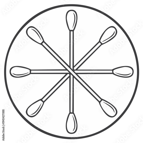 Stylized arrangement of cotton swabs, hygiene tools forming a radial pattern within a circular frame, simple graphic illustration