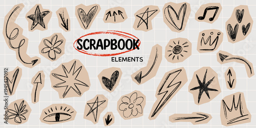 Crayon drawn scrapbook doodle elements collection. Hand drawn craft ink scribbles hearts, stars, arrows for collages. Vector torn craft paper shapes for design notebooks, diaries, journaling. 