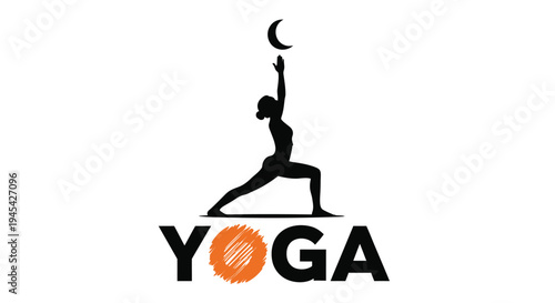 Silhouette of a graceful woman practicing a warrior yoga pose reaching toward a crescent moon symbolizing balance and celestial connection above the bold text logo.