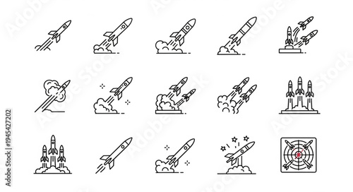 Collection of rocket launch and missile icons in a line art style.