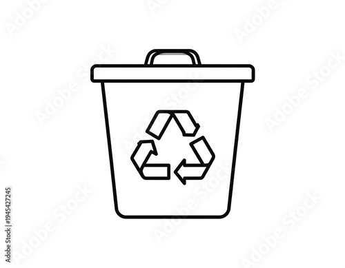 A black and white line art illustration depicts a bin with a lid and a handle. The universal recycling symbol is on the front
