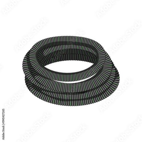Coiled dark corrugated garden hose with a green stripe, isolated on white background flexible rubberplastic irrigation hose for watering, gardening and outdoor maintenance