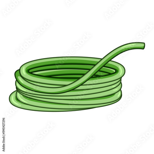 Coiled green garden hose presenting a tool for watering, gardening, and landscaping, essential for maintaining outdoor recreational spaces and cultivating plants