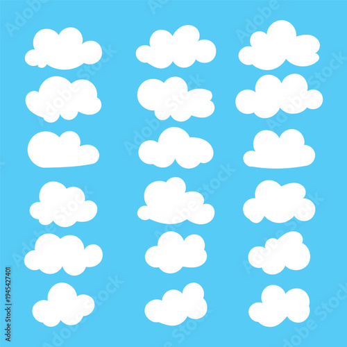 Cloud silhouette Abstract vector white collection in cute flat cartoon style for web background. Nature sky, cloud pattern, fume or misty fog art. Cloud texture and weather element symbol in eps 10.