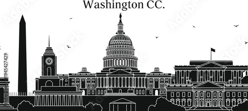 Washington DC skyline silhouette illustration featuring United States Capitol, White House, Washington Monument, Old Post Office Pavilion, American heritage landmarks