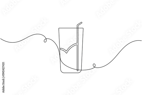 Save drink glass with straw checkmark sign icon continuous one line drawing on white background minimalist approved beverage tick symbol outline vector illustration