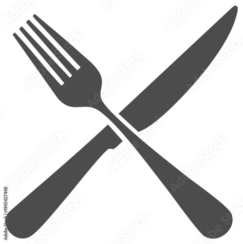 Crossed fork and knife: simple silverware icon representing meals and dining in restaurant setting.