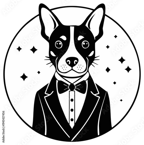 Dog in a Tuxedo, Elegant Canine Portrait with Bow Tie and Suit, Formal Pet Attire within Circular Frame