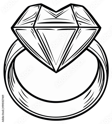Diamond engagement ring illustration with bold outlines and a vintage aesthetic