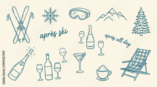 Aperitif and ski resort icons, including skis, goggles, snowflake, mountains, tree, chair, drinks, bottle, and glasses, for winter sports and relaxation theme