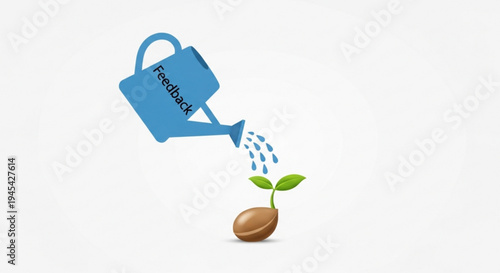 Feedback watering can nurturing a young plant with green leaves on a white background