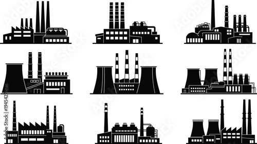Industrial factory silhouette illustration featuring chimneys, cooling towers, power plant structures, chemical plant buildings, manufacturing facilities, urban industrial architecture