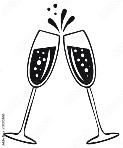 Two elegant champagne flutes clinking together with sparkling liquid and bubbles splashing upwards celebrating a festive occasion