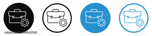Professional briefcase with a gear icon representing business operations and process management. Includes black and blue versions in circle frames. Suitable for corporate and workflow themes.