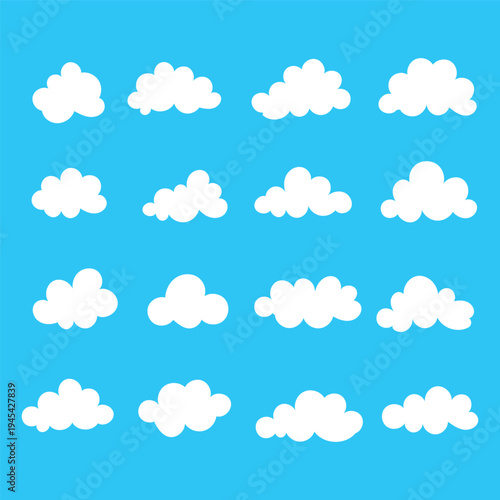 Cloud silhouette Abstract vector white collection in cute flat cartoon style for web background. Nature sky, cloud pattern, fume or misty fog art. Cloud texture and weather element symbol in eps 10.