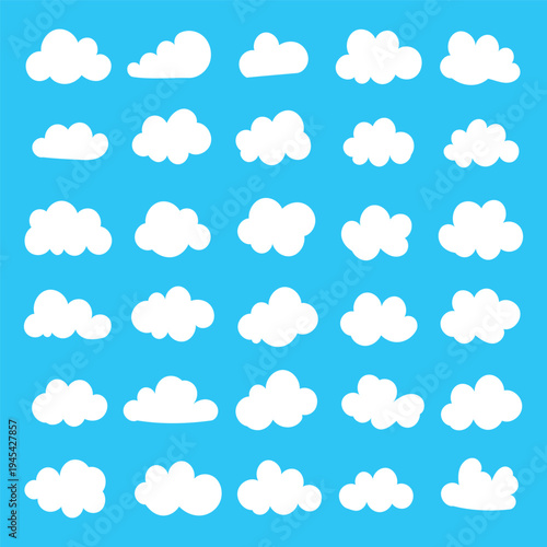 Cloud silhouette Abstract vector white collection in cute flat cartoon style for web background. Nature sky, cloud pattern, fume or misty fog art. Cloud texture and weather element symbol in eps 10.