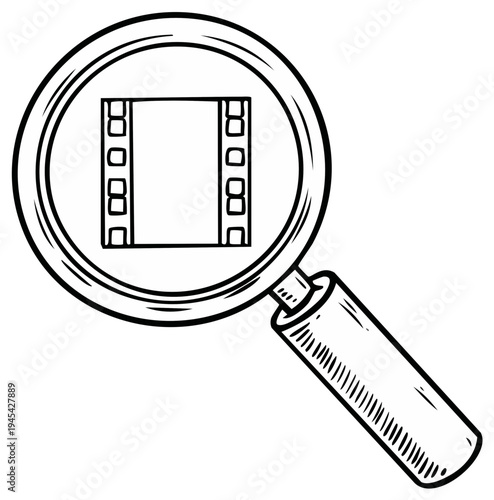 Magnifying glass focused on film strip with perforations symbolizing movie search and discovery.