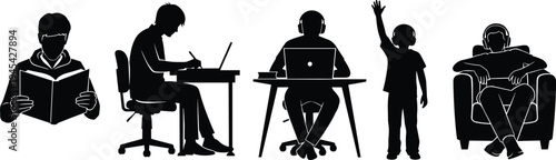 Silhouettes of diverse people in various academic and leisure poses, including reading, studying with a laptop, and raising a hand, a vector illustration for education and lifestyle design