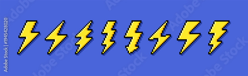 Pixel lightning. Bolt and 8bit zap spark flash strike shock volt amp for game vector set. Sharp pixelated zig jag surge with glow and gold. Hit, discharge damage warn sign.