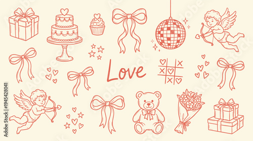 Valentine's Day symbols and objects, including gifts, cake, love, hearts, teddy bear, and cherubs, on a festive background with red line drawings and pastel colors.